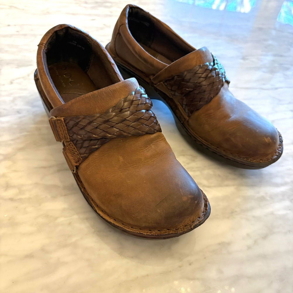 BORN CONCEPT Womens Brown Leather Braided Strap Clogs Comfort Shoes Size 7.5M